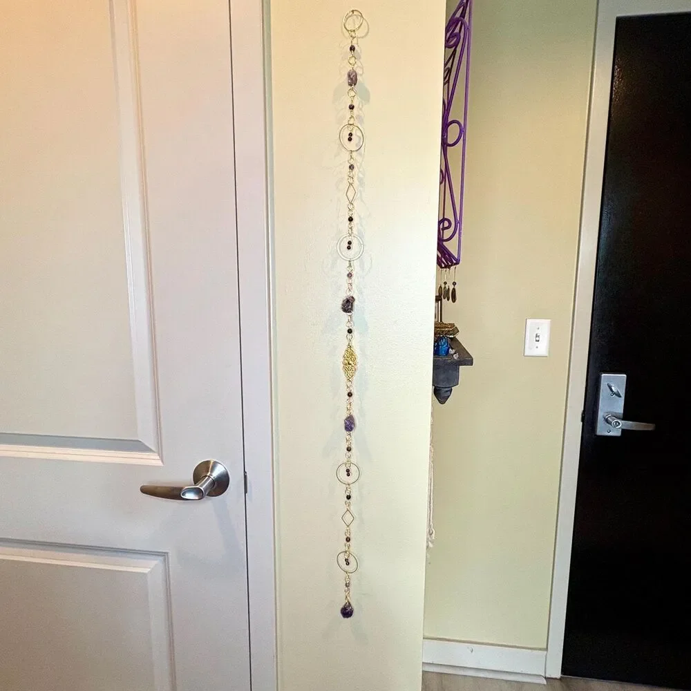Raw Amethyst and Amethyst Bead Gemstone Wall Hanging Gold Filigree